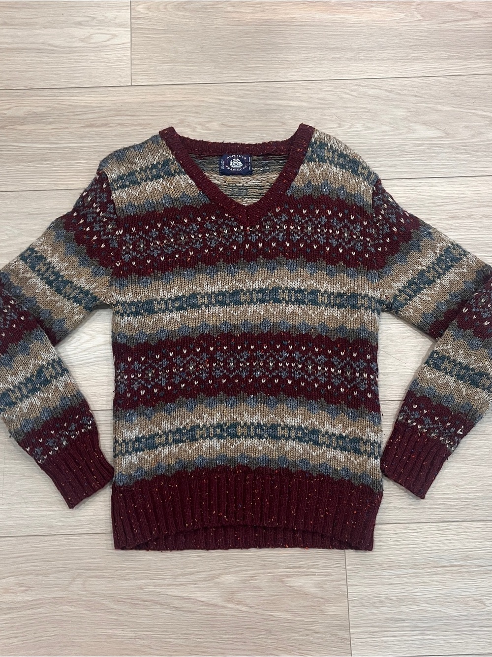 Vintage Fair Isle Wool Blend Burgundy V Neck Nordic Knit Sweater Womens Small